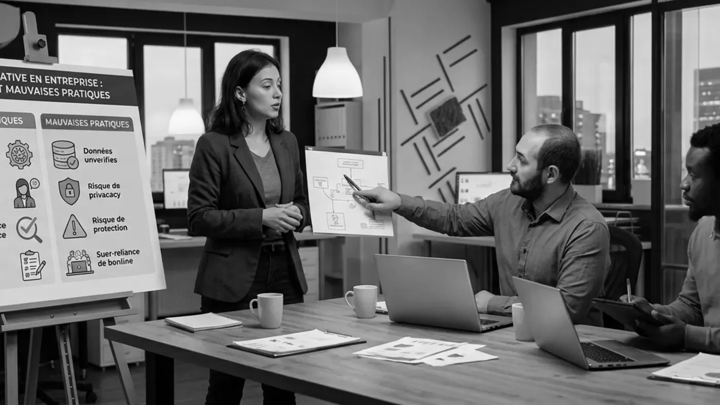 A team meeting in front of a generative-AI good and bad practice board.