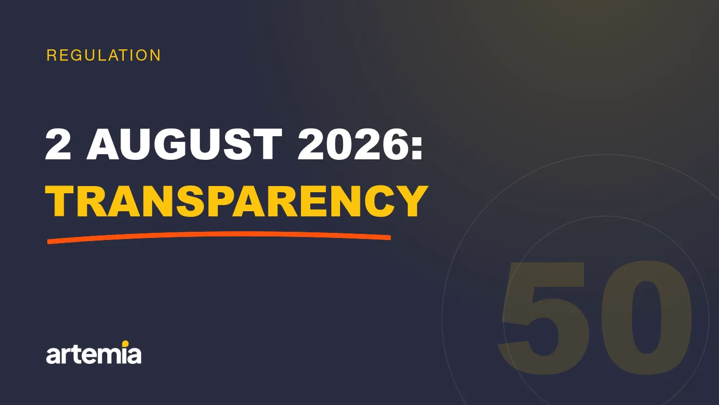 Artemia visual: “2 August 2026: transparency”, on a navy background.