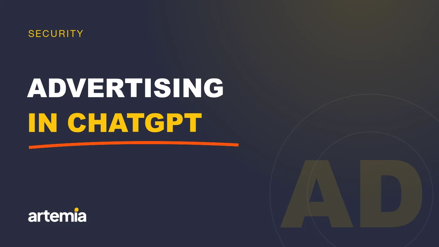 Artemia visual: “Advertising in ChatGPT”, on a navy background.