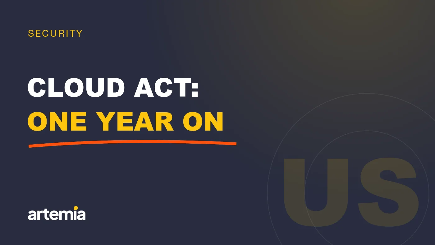 Artemia visual: “Cloud Act: one year on”, on a navy background.